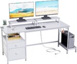 White Computer Desk with Drawer and Power Outlets, 55" Large Gaming Desk with  File Cabinet and 2 Movable Monitor Shelves, Writing Table with CStand and 2 Hooks for Home Office