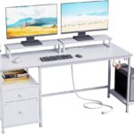 White Computer Desk with Drawer and Power Outlets, 55" Large Gaming Desk with  File Cabinet and 2 Movable Monitor Shelves, Writing Table with CStand and 2 Hooks for Home Office