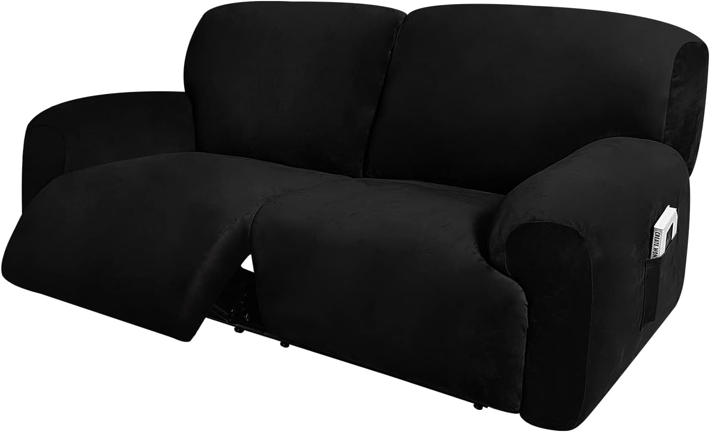 51Xxa5h5iwL._AC_SL1500_.jpg Extra Wide 75" - 100", Reclining 2 Seater Sofa, Extra Wide Reclining Love Seat Slipcover, 6-Piece Velvet Stretch, Reclining Sofa Covers, Thick, Soft, Washable (Black) - Image 1
