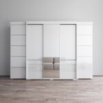 Modern Wardrobe Closet with Mirror — Large Storage with Drawers and Hanging Rod — Engineered Wood — White, 26" D x 117.4" W x 82" H
