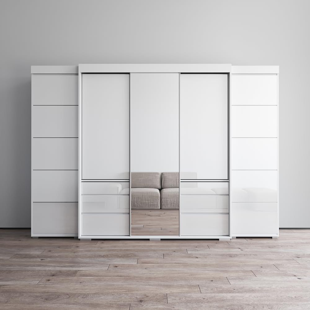 51eqkJmNyDL._AC_SL1000_.jpg Modern Wardrobe Closet with Mirror — Large Storage with Drawers and Hanging Rod — Engineered Wood — White, 26" D x 117.4" W x 82" H - Image 1