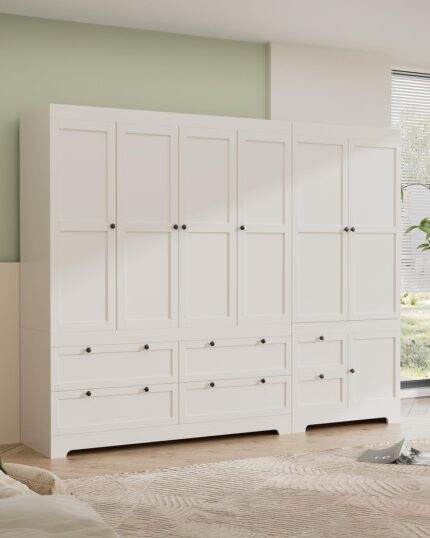 6 Door 71" Tall Wardrobe Closet - White Wooden Freestanding Storage Armoire – Large Capacity Modular Cabinet with Drawers, Space-Saving Durable Design for Bedroom & Closet Organization