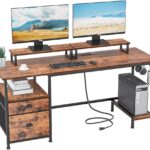 Desk with Drawer and Power Outlets, 55" Large Compter Desk with  File Cabinet and 2 Movable Monitor Shelf, Writing Gaming Table with CStand and 2 Hooks for Home Office, Rustic Brown