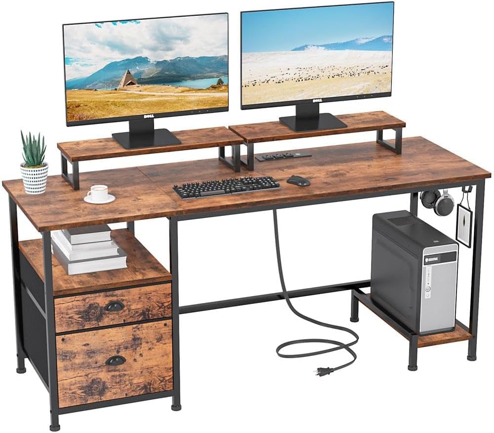 61HDoPPmggL._AC_SL1000_.jpg Desk with Drawer and Power Outlets, 55" Large Compter Desk with File Cabinet and 2 Movable Monitor Shelf, Writing Gaming Table with CStand and 2 Hooks for Home Office, Rustic Brown - Image 1