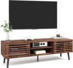 Mid Century Modern TV Stand, 52" Slatted TV Console with Sliding Doors and Storage for TVs Up to 60 Inches, Small Entertainment Center Media Console Cabinet for Living Room - Walnut Brown