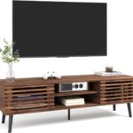 Mid Century Modern TV Stand, 52" Slatted TV Console with Sliding Doors and Storage for TVs Up to 60 Inches, Small Entertainment Center Media Console Cabinet for Living Room - Walnut Brown