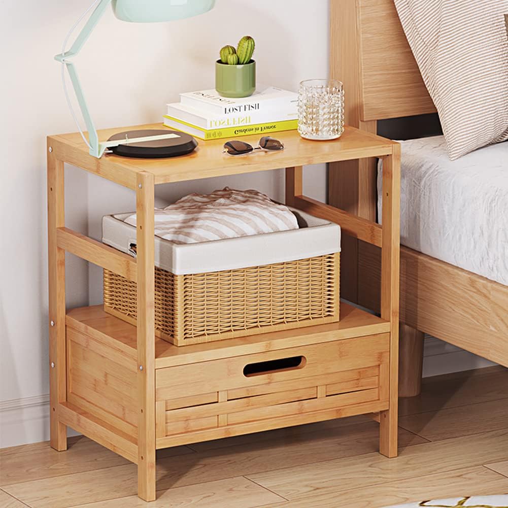 61WvhqVQBxL._AC_SL1001_.jpg Bamboo Nightstand with Adjustable Drawer- Modern Bed Side Table for Open Storage, Wood Night Stand for Bedroom, Dorm, Sofa, Easy Assembly, Rustic Bedside Tables Multi Small Space Furniture - Image 1