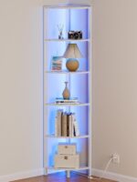 6 Tier Corner Shelf with  Light, 67.5” Tall Standing Shelf Organizer, White Narrow Bookshelf with Storage Rack for Wall Corner, Living Room, Bedroom, Metal Frame, Wood Display Shelf
