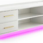 66" TV Stand for TVs Up to 75", LED Light Entertainment Center with Power Outlet, 4 Drawers and 2-Tier Open Shelves TV Cabinet, TV Console for Living Room, Bedroom  (White)