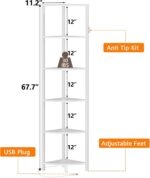 6 Tier Corner Shelf with  Light, 67.5” Tall Standing Shelf Organizer, White Narrow Bookshelf with Storage Rack for Wall Corner, Living Room, Bedroom, Metal Frame, Wood Display Shelf - Image 2