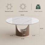 59" Round Dining Table for 6, Glossy White Sintered Stone Dining Tabletop with Bronze Carbon Steel Pedestal, Modern Dining Room Table for Living Room, Kitchen (Table ONLY) - Image 2