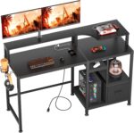 Computer Desk with Drawers and Power Outlet, 55 inch Gaming Desk with Monitor Stand Cup Holder Hook, Work Desk with Height-Adjustable Feet, Black