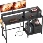 Computer Desk with Drawers and Power Outlet, 55 inch Gaming Desk with Monitor Stand Cup Holder Hook, Work Desk with Height-Adjustable Feet, Black