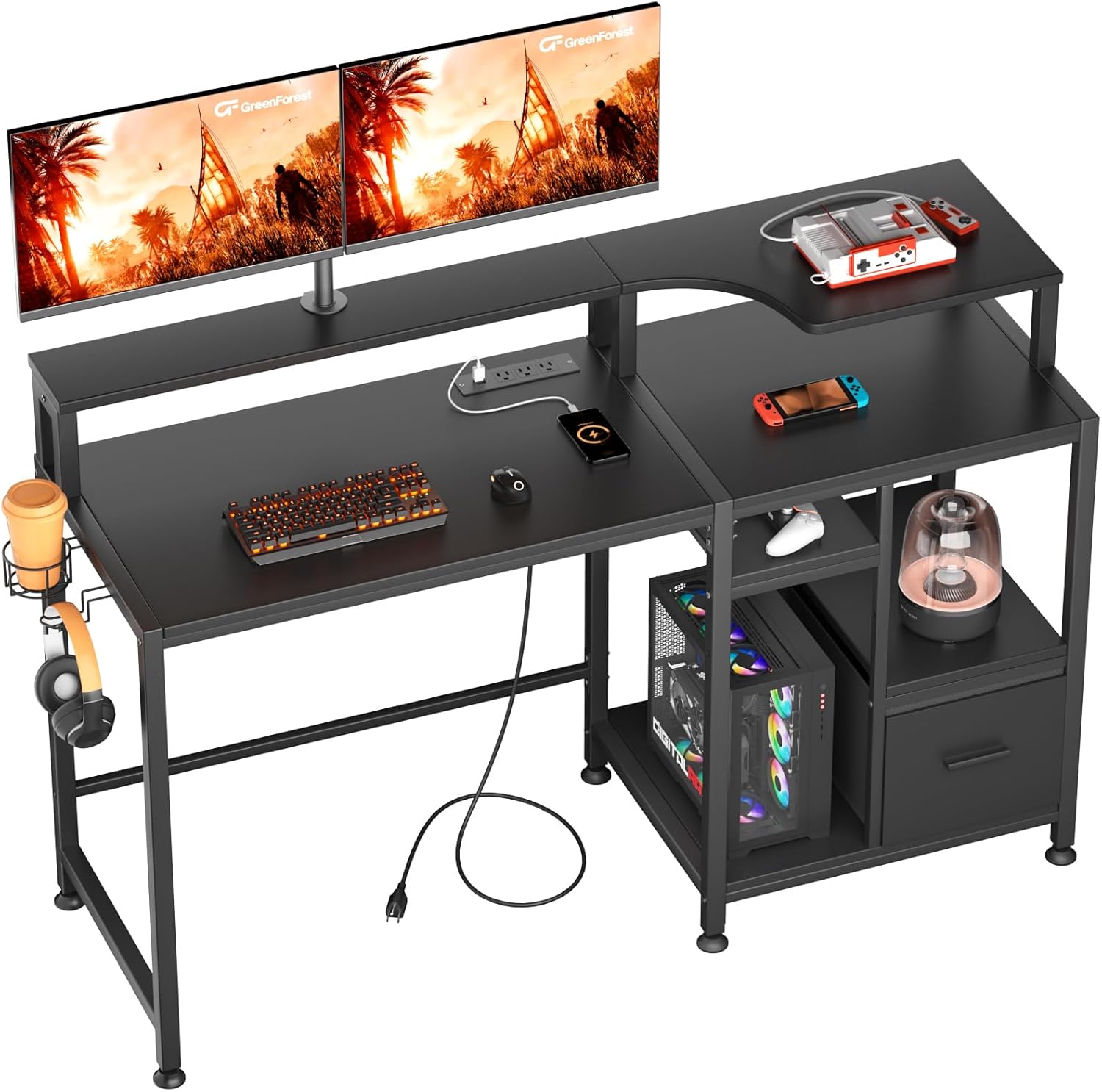 717-V2iv4LL._AC_SL1500_.jpg Computer Desk with Drawers and Power Outlet, 55 inch Gaming Desk with Monitor Stand Cup Holder Hook, Work Desk with Height-Adjustable Feet, Black - Image 1