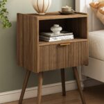 Nightstand,Modern Bedside Table with Storage Drawer and Open Wood Shelf, for Living Room, Bedroom and Small Spaces, Accent Night Stand with Solid Wood Legs, Easy Assembly,Walnut Brown