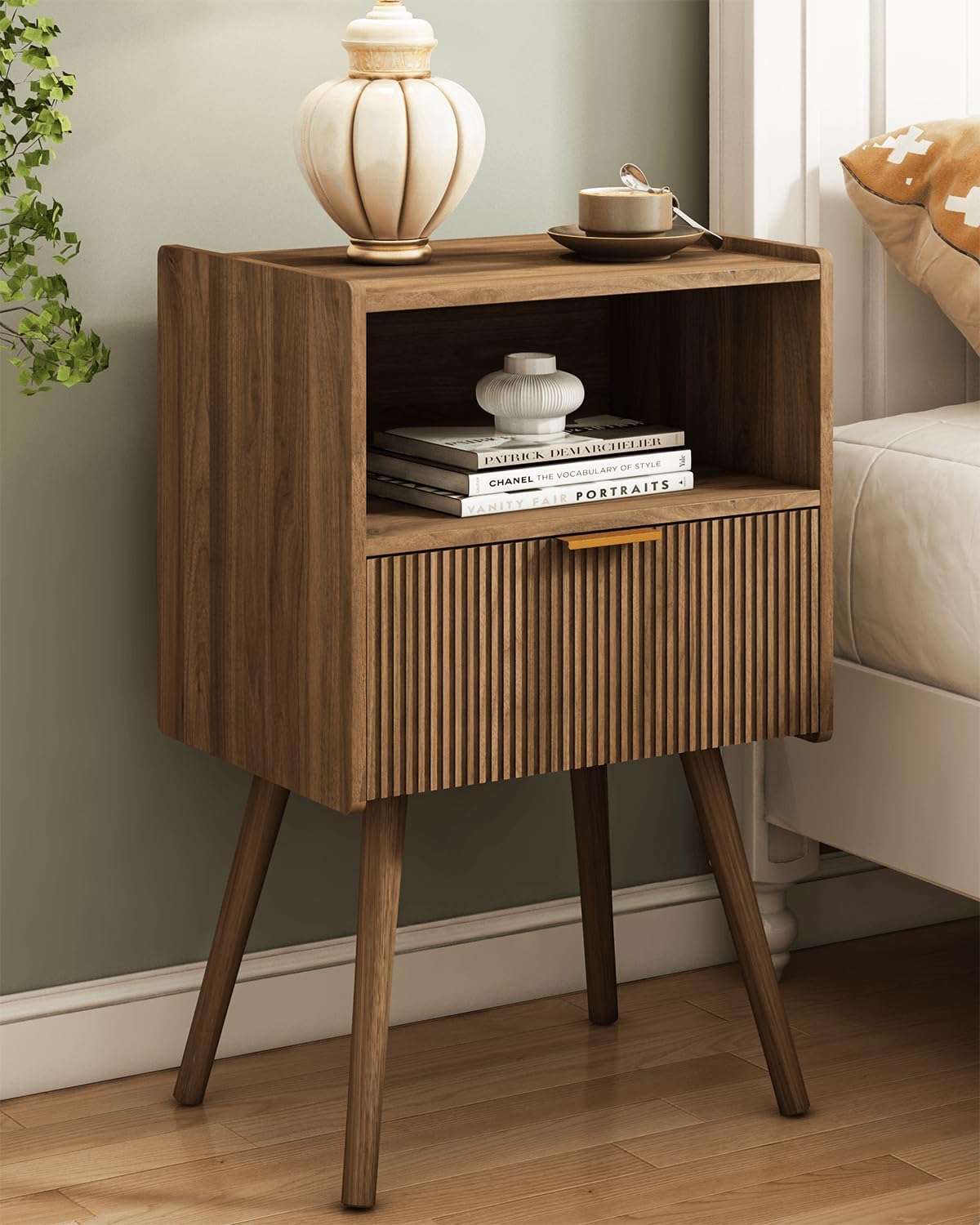71CYLdPnDUL._AC_SL1500_.jpg Nightstand,Modern Bedside Table with Storage Drawer and Open Wood Shelf, for Living Room, Bedroom and Small Spaces, Accent Night Stand with Solid Wood Legs, Easy Assembly,Walnut Brown - Image 1