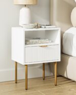 Nightstand,Morden Bedside Table with Gold Frame,Small White Night Stand,End Table,Bedside Furniture,Side Table with Drawer and Shelf for Bedroom,Living Room (1Drawer, White)