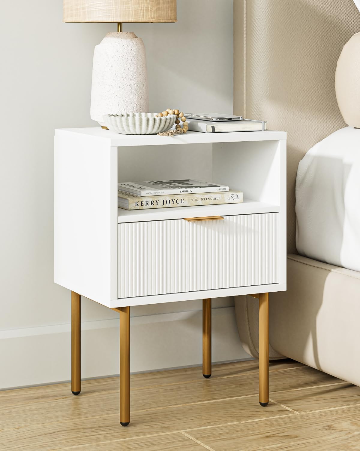 71GqDdvFe0L._AC_SL1500_.jpg Nightstand,Morden Bedside Table with Gold Frame,Small White Night Stand,End Table,Bedside Furniture,Side Table with Drawer and Shelf for Bedroom,Living Room (1Drawer, White) - Image 1