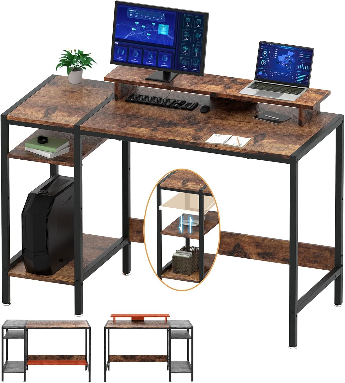 71LywM6lFAL._AC_SL1500_.jpg Gaming/Computer Desk - 47” Home Office Small Desk with Monitor Stand, Rustic Writing Desk for 2 Monitors, Adjustable Storage Space, Modern Design Corner Table. - Image 1