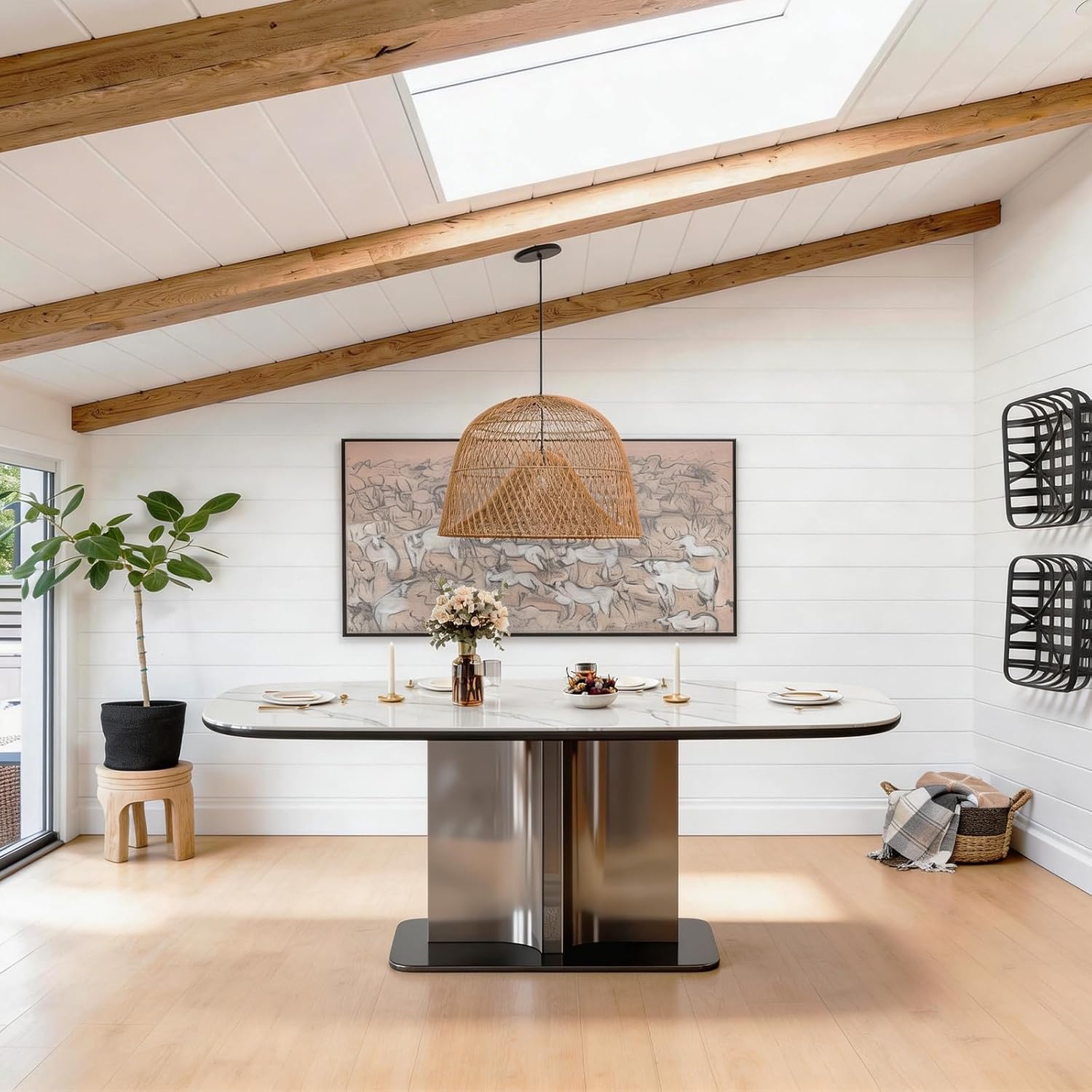 71OXb7DBrKL._AC_SL1500_.jpg 63" Modern Sintered Stone Dining Table for 6, Glossy White Rectangular Kitchen Table with Wood-Reinforced Top & Metal Pedestal Base, for Standard Dining Room, Kitchen & Family Gatherings - Image 1