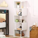 White Geometric Bookshelf 6 Tier S-Shaped Bookcase, Tall Modern Display Storage Shelf, Metal and Wood Decorative Freestanding Room Divider Shelves for Bedroom, Living Room, Office - Image 2