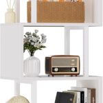 White Geometric Bookshelf 6 Tier S-Shaped Bookcase, Tall Modern Display Storage Shelf, Metal and Wood Decorative Freestanding Room Divider Shelves for Bedroom, Living Room, Office