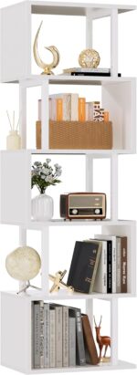 White Geometric Bookshelf 6 Tier S-Shaped Bookcase, Tall Modern Display Storage Shelf, Metal and Wood Decorative Freestanding Room Divider Shelves for Bedroom, Living Room, Office