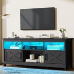 Farmhouse TV Stand with Power Outlet, LED Light Entertainment Center for 65 Inch TVs, TV Cabinet with Storage, Rustic Media Console for Living Room, 59" Black