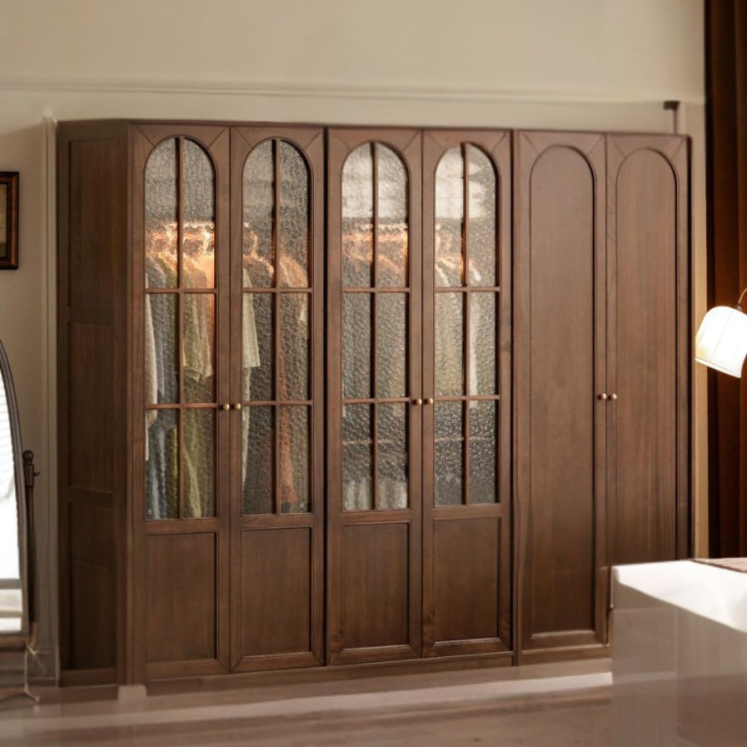 71dXh5prreL._AC_SL1500_.jpg Solid Sandalwood French Retro Style Wardrobe 70.1x22.4x86.6 inch / 178x57x220 cm/Walnut Color / 1.78m Wardrobe (Solid Wood Door + Glass Door) - Image 1