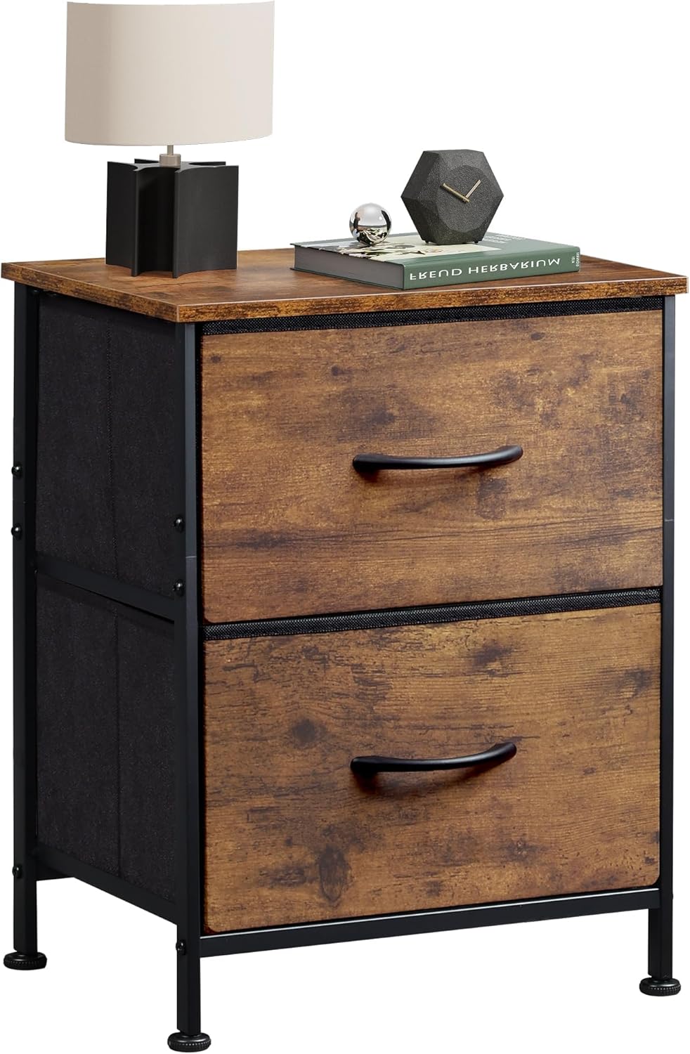71fxHWM35xL._AC_SL1500_.jpg Night Stand, Small 2 Drawer Dresser, Nightstand with Fabric Bins for Bedroom, Closet, Dorm, Rustic Brown Wood Grain Print, 11.8" D x 15.7" W x 20.9" H - Image 1