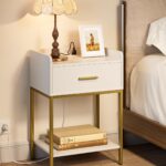 Nightstand with Charging Station,3-Tier Bedside Table for Small Space,Modern Night Stand with Storage Drawer and Shelf,Small Side Table for Bedroom,Living Room,White