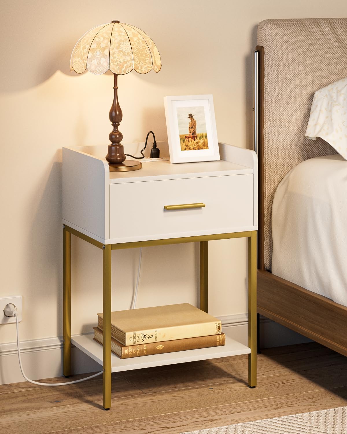 71h711Gu7aL._AC_SL1500_.jpg Nightstand with Charging Station,3-Tier Bedside Table for Small Space,Modern Night Stand with Storage Drawer and Shelf,Small Side Table for Bedroom,Living Room,White - Image 1