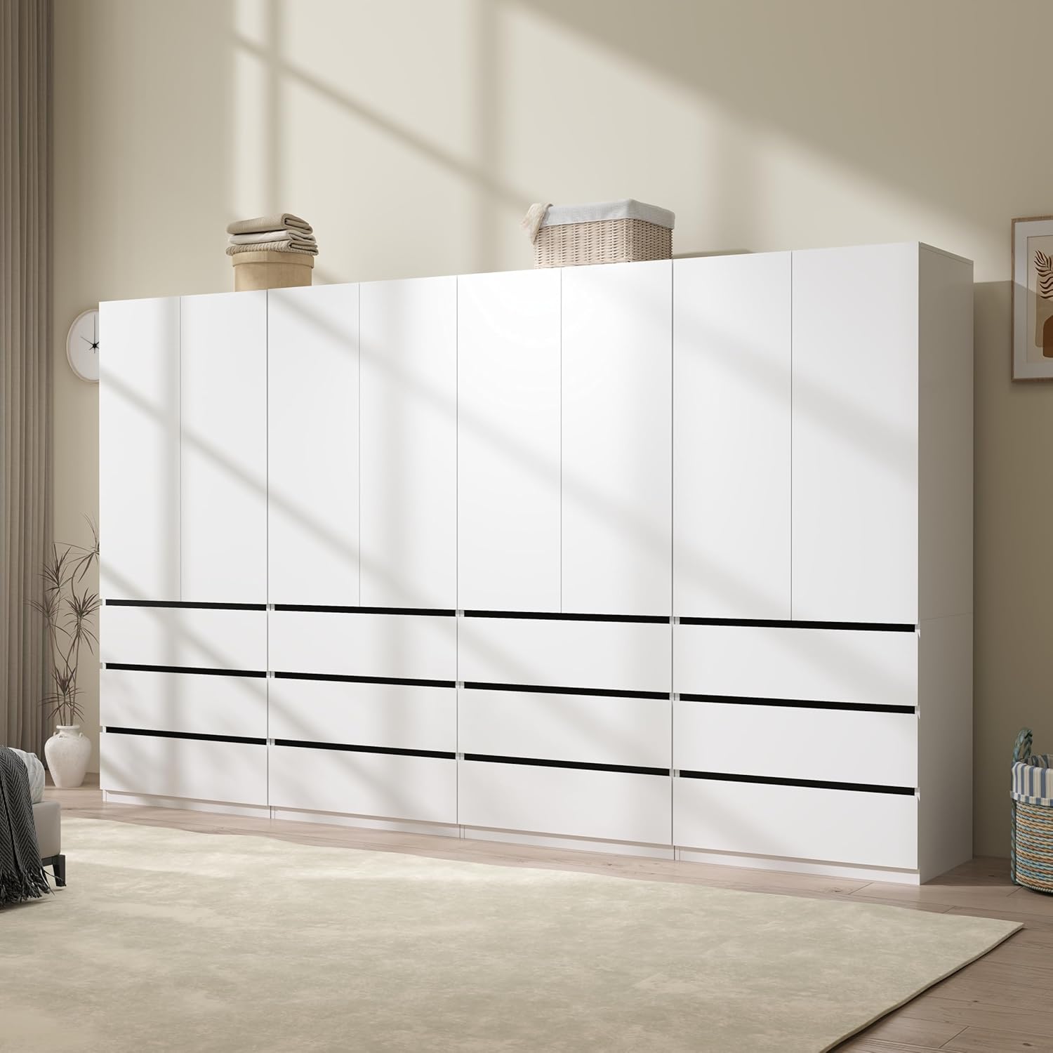71lTR0iqaaL._AC_SL1500_.jpg Large Wardrobe Closet with 8 Doors: 75" White Armoire with 12 Drawers, Wooden Wardrobe for Hanging Clothes, Tall Storage Cabinet with Shelves and Hanging Rod (B+B+B+B, 126") - Image 1