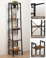 Ladder Shelf, Bookshelf Bookcase, Freestanding Corner Storage Shelve with 2 Hooks for Home Office, Living Room, Kitchen, Bedroom, Industrial, 5-Tier Rustic Brown - Image 2