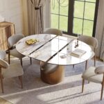 Modern Extendable Dining Table for 4-6, 47" to 63" Round to Oval Sintered Stone Kitchen Table with Carbon Steel Base, Mid-Century Dinner Tables for Dining Room, （Table Only）