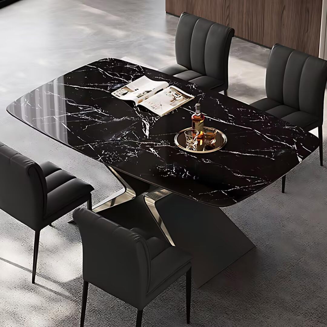 71qPKSNJZL._AC_SL1080_.jpg 55.11IN Dining Table - Marble Dining Table with Unique Textured Countertops(Thickened Rectangular) & Metal Geometric Base|Modern Luxury Style, Bump Proof Rounded Corners - Image 1