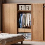 Oak, Ash, Manchurian Ash Solid Wood Wardrobe with Sliding Doors. 71.4x24.4x78.7 inch / 181.2x62x200 cm/Natural Wood Color/Oak Double Drawer + Hanging Wardrobe