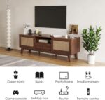 Rattan TV Stand for TVs Up to 70", Wood TV Stand Mid Century Modern TV Stand TV Media Console with Drawer and 2 Cabinets, Boho Entertainment Center for Living Room - Image 2