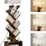 6 Tier Tree Bookshelf with Light, Narrow Bookcase Tower, Tall Floor Standing Book Organizer with Storage Cabinet for Living Room, Bedroom and Home Office, Rustic Brown
