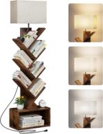 6 Tier Tree Bookshelf with Light, Narrow Bookcase Tower, Tall Floor Standing Book Organizer with Storage Cabinet for Living Room, Bedroom and Home Office, Rustic Brown