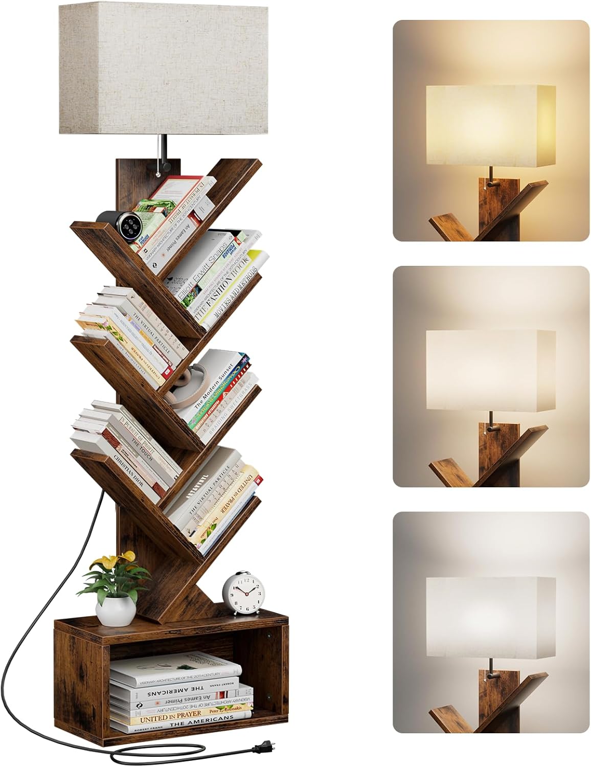 71xZCVrnrYL._AC_SL1500_.jpg 6 Tier Tree Bookshelf with Light, Narrow Bookcase Tower, Tall Floor Standing Book Organizer with Storage Cabinet for Living Room, Bedroom and Home Office, Rustic Brown - Image 1