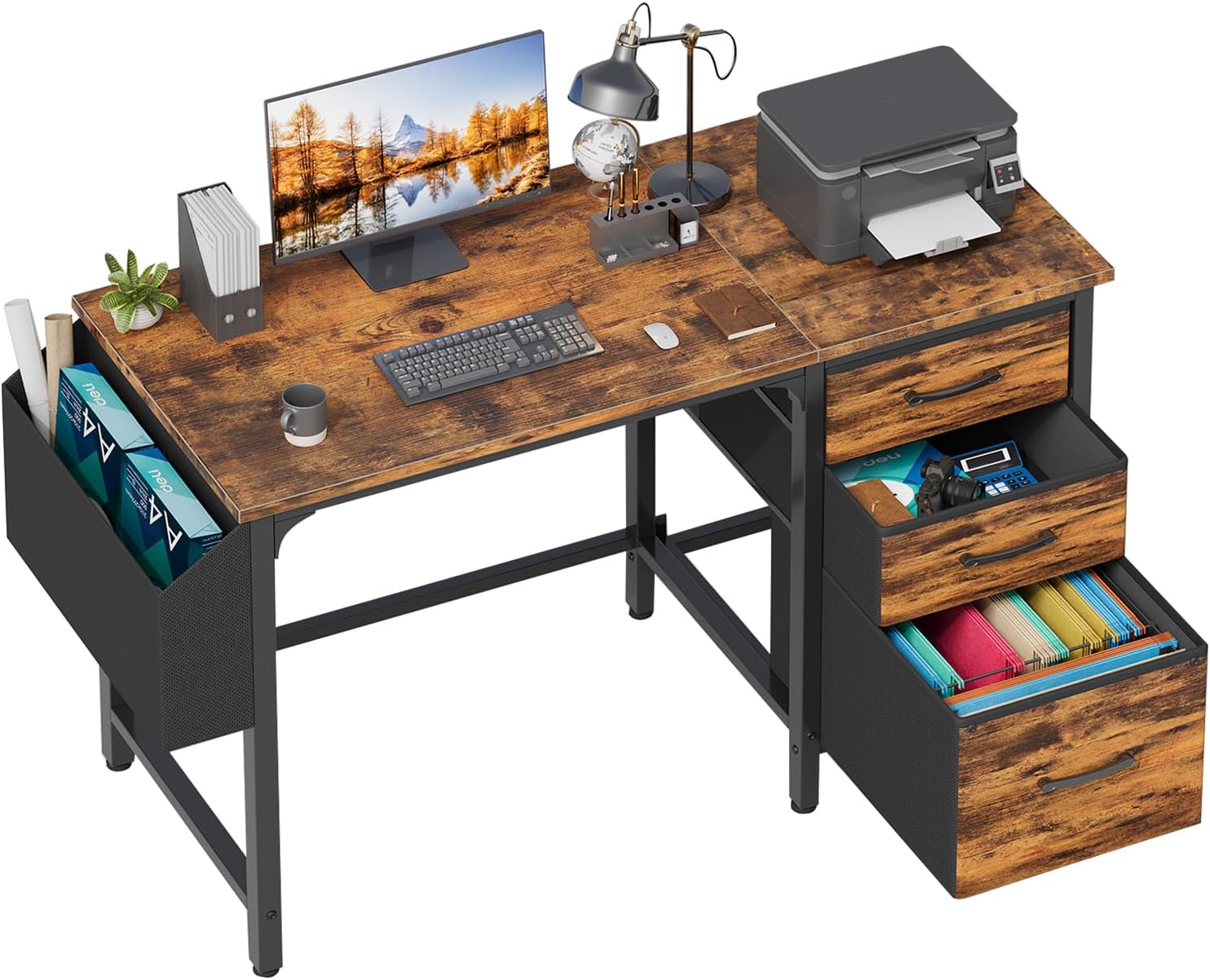 71yX-N0LTuL._AC_SL1500_.jpg Computer Desk with File Drawers Cabinet, 47 Inch Home Office Desks with Filing Cabinet for Small Space, Study Writing Table PC Desks, Rustic Brown - Image 1