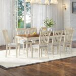 9-Piece Farmhouse Solid Wood Dining Table Set with 8 Upholstered Chairs, Roman Conical Legs, Seats up to 8, 79'' Dining Table & Chairs Set for Kitchen and Dining Room, Rustic Cream