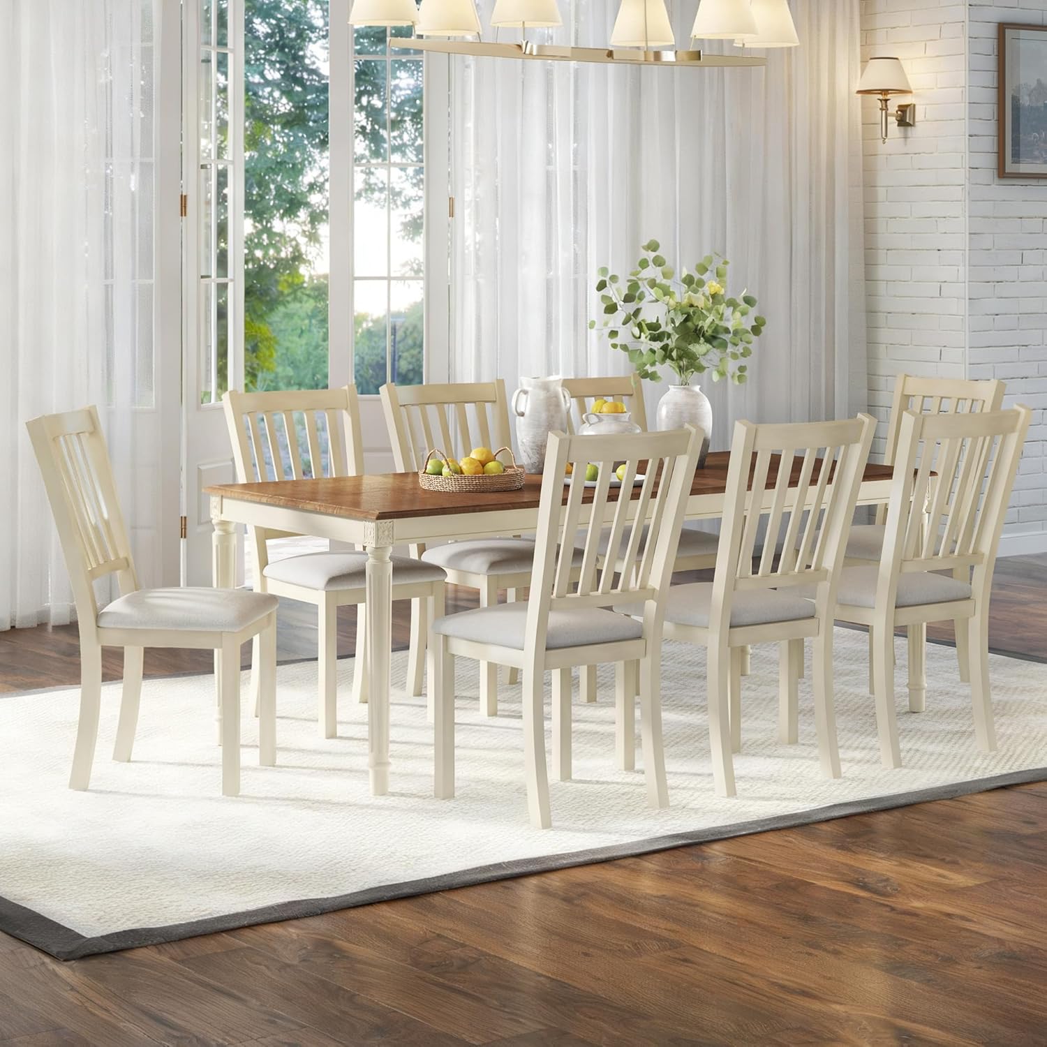 816ySAgeD4L._AC_SL1500_.jpg 9-Piece Farmhouse Solid Wood Dining Table Set with 8 Upholstered Chairs, Roman Conical Legs, Seats up to 8, 79'' Dining Table & Chairs Set for Kitchen and Dining Room, Rustic Cream - Image 1