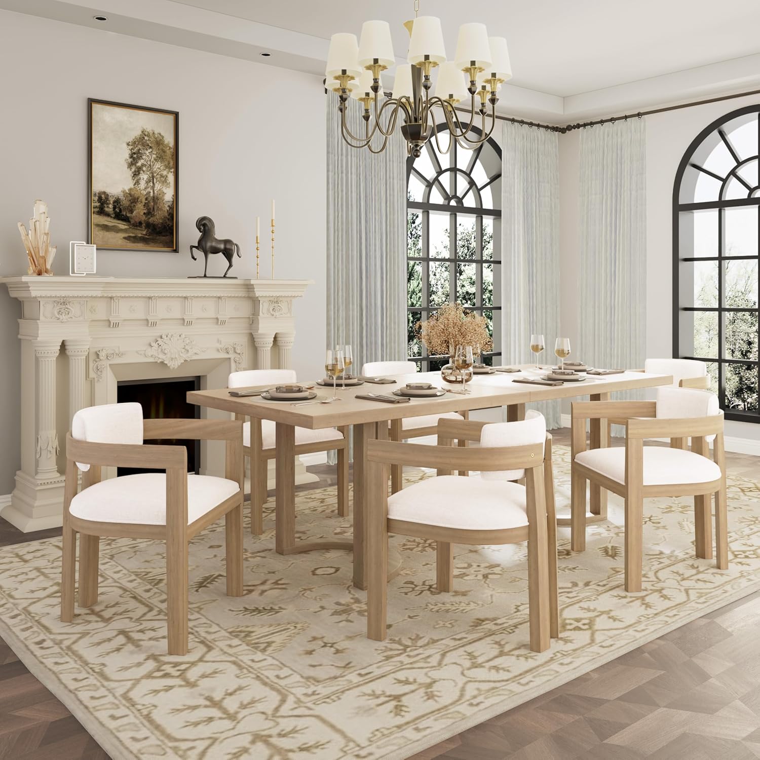 81AQV34LUcL._AC_SL1500_.jpg 7-Piece Wooden Dining Table Set for 6, Modern Kitchen Table and Chair Set for 6, Contemporary Dining Room Furniture Set with 6 Upholstered Armchairs, Natural Ash+Beige - Image 1