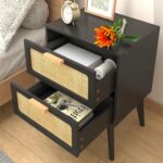 Rattan Nightstand, Wood End Table, Side Table with 2 Hand Made Rattan Decorated Drawers,Boho Bedside Table,Wood Accent Table with Storage for Livingroom, Bedroom, Black - Image 2