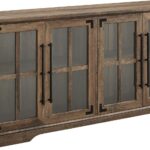Glass Door Wood Universal TV Stand for TV's up to 64" Flat Screen Living Room Storage Cabinet Doors and Shelves Entertainment Center, 58 Inch, Rustic Oak