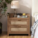 Rattan Nightstand End Table - Night Stand Bedside Table with Type-C Charging Station, 2 Drawers Storage -Night Stands for Bedroom - Natural Oak