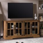 Glass Door Wood Universal TV Stand for TV's up to 64" Flat Screen Living Room Storage Cabinet Doors and Shelves Entertainment Center, 58 Inch, Rustic Oak - Image 2