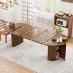 43-95 Inch Long Round Extendable Dining Table for 4-10, Space Saving Oval Large Dinner Kitchen Table with 3 Leaf, 2 Storage, Fluted Mid Century Modern Dining Room Table for Living Room, Walnut
